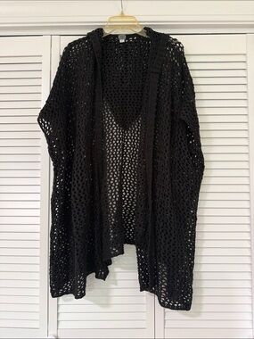 Poof! Black Open-Weave Hooded Cardigan